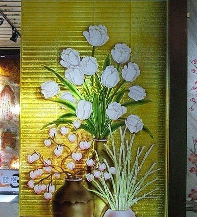 藝術(shù)玻璃玄關(guān)隔斷 浮雕冰雕雙工藝雙面